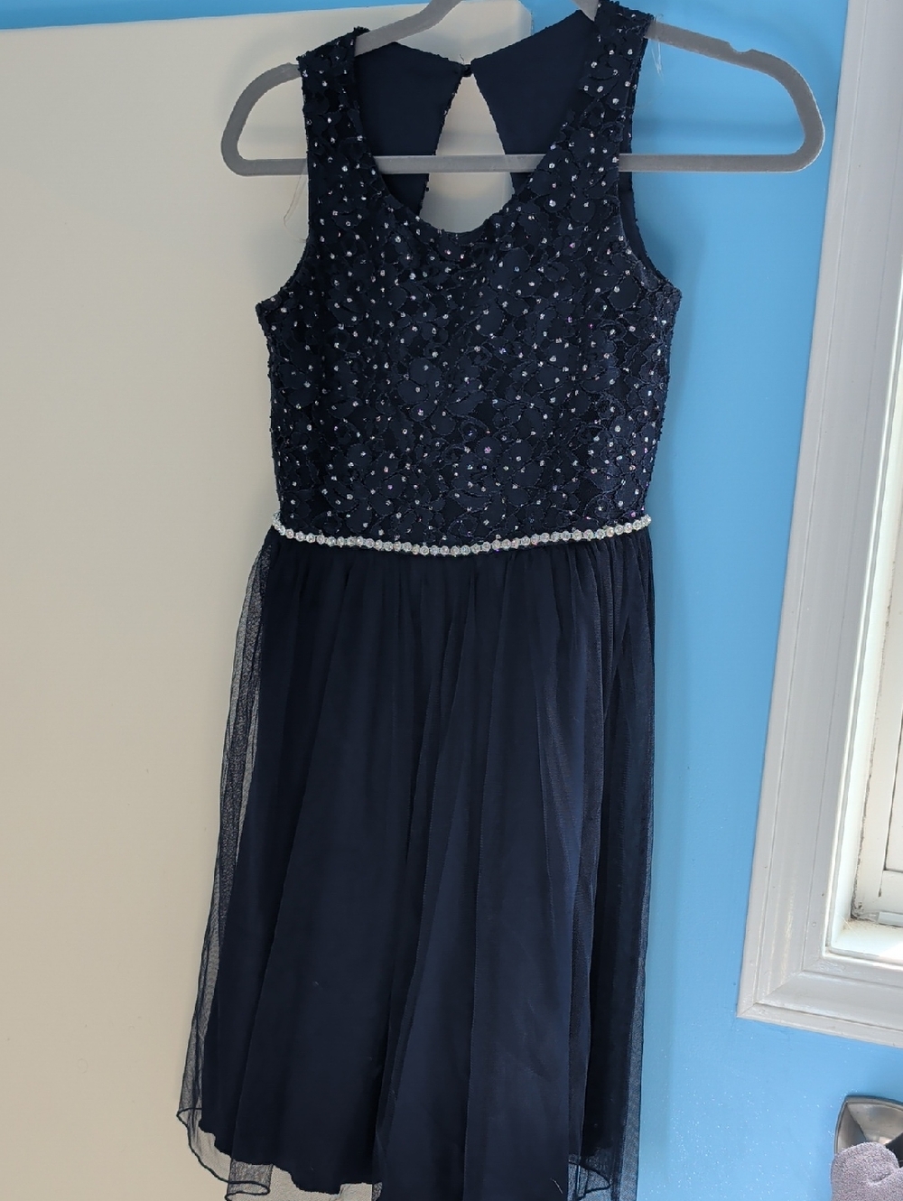 Speechless Navy Beaded Tulle Dress with Rhinestone Waist